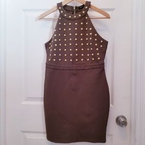 NWT Lac Bleu Olive Bodycon Halter Neck Cocktail Dress W/ Gold Studs Sz Large